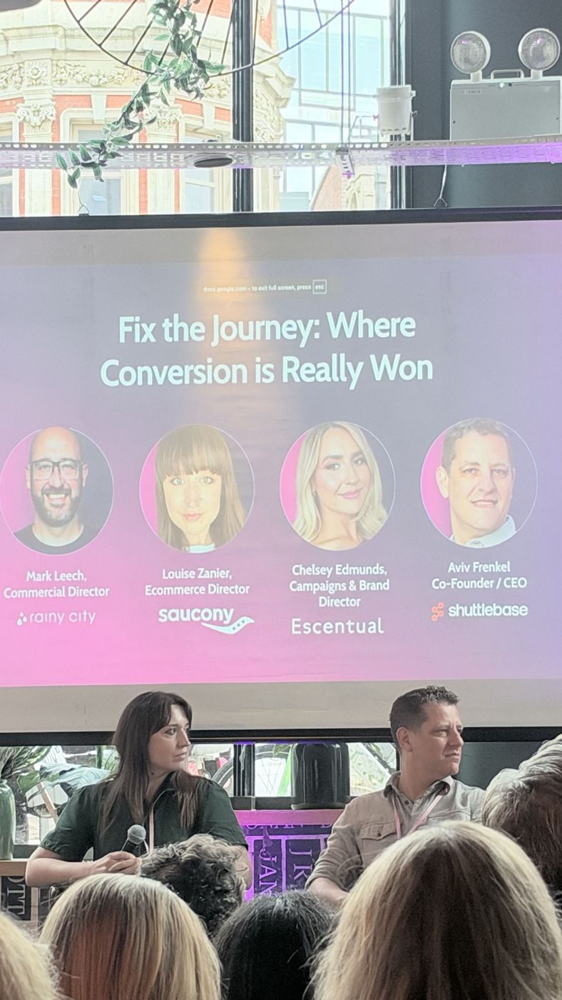 Fix the Journey panel slide showing Mark Leech of Rainy City, Louise Zanier of Saucony, Chelsey Edmunds of Escentual and Aviv Frenkel of Shuttlebase